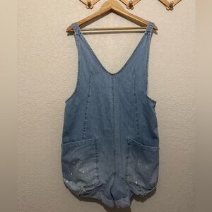 Free People High Roller Shortall in a denim wash with white paint splatters  med